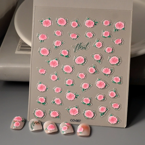 Autocollants À Ongles En Relief 5D Design Fleur Rose Rose Auto-Adhésif Imperméable Élégant Doux Décalcomanies De Manucure Pour Femmes
