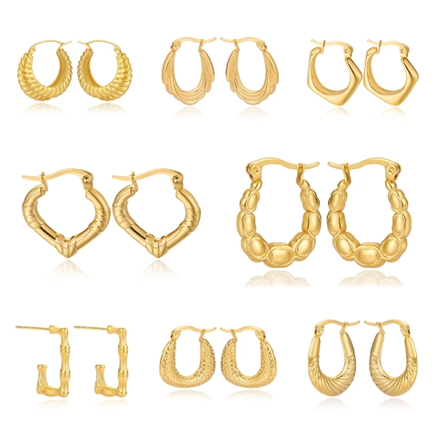Gold Plated Stainless Steel Hoop Earrings For Women Vintage Geometric Hollow Oval Heart Bamboo Trendy Jewelry