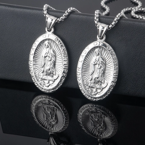 Collier Pendentif Vierge Marie En Acier Inoxydable Notre Dame De Guadalupe Bijoux Religieux Vintage Pour Hommes Femmes