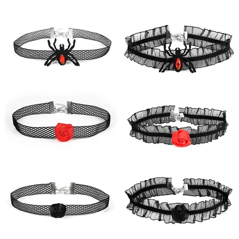 Collier Choker En Dentelle Rose En Tissu Fleur Gothique Araignée Pendentif Halloween Bijoux Accessoire Pour Femmes Rétro Style Sexy