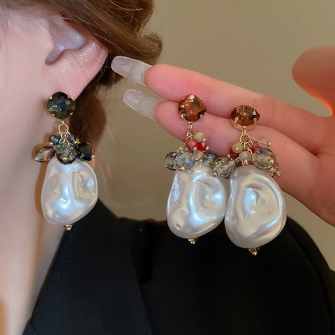 Boucles Oreilles Künstliche Perles Baroques Irrégulières Tige Argent Sterling 925 Künstliche Perles Cristal Colorées Style Vintage Géométrique