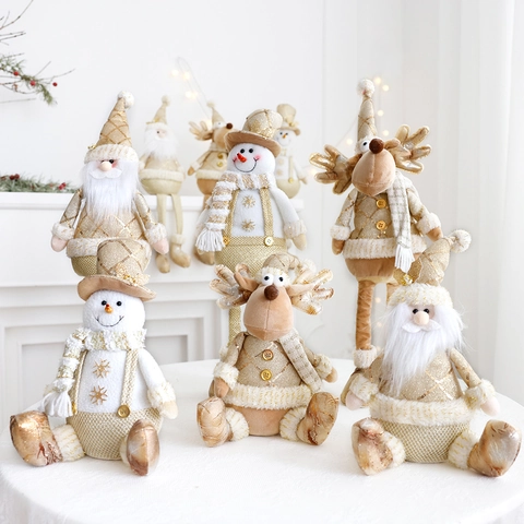 Bambole Di Peluche Telescopiche Natalizie Babbo Natale Pupazzo Di Neve Renna Ornamenti Tessuto Dorato Casa Statuette