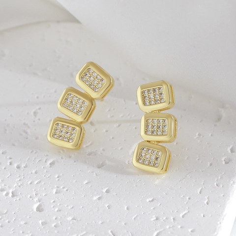 Orecchini a Bottone Triplo Quadrato Geometrico per Donna in Rame Con Perno in Argento Sterling 925 Oro Strass Gioielli