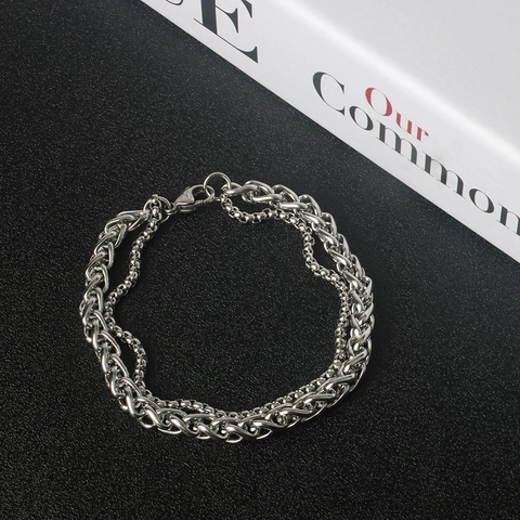 Layered Chain Bracelet Stainless Steel Wheat And Box Link Hip Hop Punk Style Jewelry For Men Women Silver Color
