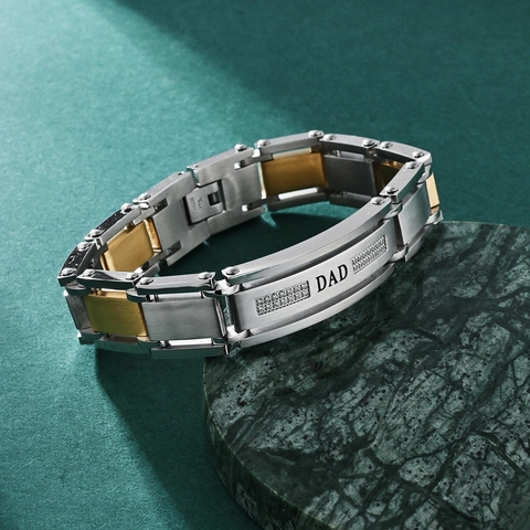Men Stainless Steel Dad Letter Bracelet Two Tone Cubic Zirconia Link Chain Fashion Jewelry Father Gift