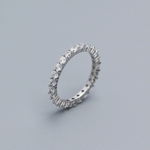 925 Sterling Silver Full Rhinestone Eternity Ring Simple Elegant White Gold Plated Stackable Band For Women Wedding Party Jewelry