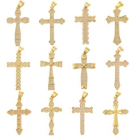 Vintage Cross Pendant Copper Gold Plated Micro Inlaid Zircon DIY Jewelry Religious Accessory For Women Elegant