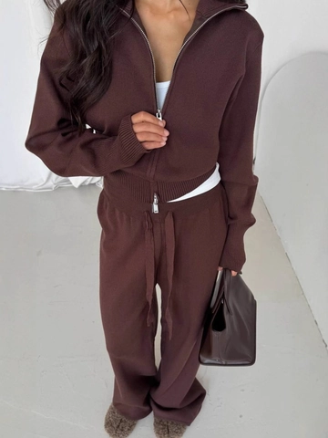 Ensemble En Tricot Nervuré Pour Femmes Pull À Fermeture Éclair Col Montant Et Pantalon Large À Cordon Décontracté