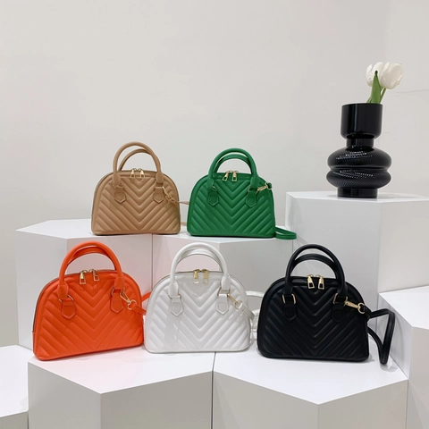 Chevron Quilted Shell Handbag PU Leather Small Crossbody Bag Dual Handles Golden Hardware Elegant Shoulder Bag For Women