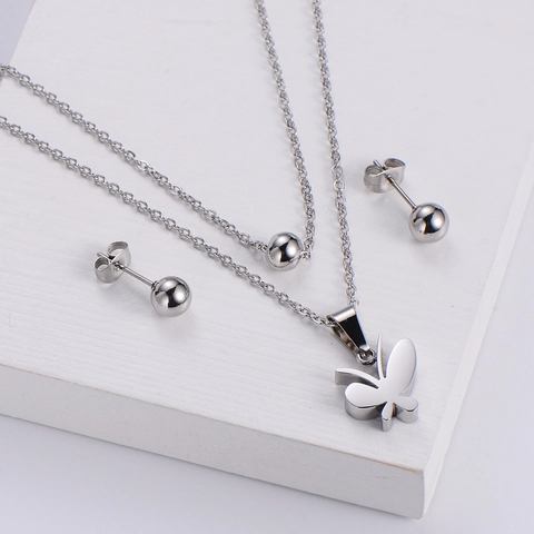 Joyas De Acero Inoxidable Para Mujer Collar De Doble Capa Colgante Mariposa Pendientes De Bola Moda Accesorio