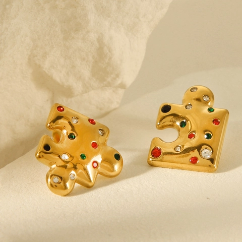 Orecchini A Lobo Pezzo Di Puzzle Acciaio Inossidabile Placcato Oro 18K Zircone Multicolore Gioielli Geometrici Trendy Per Donna