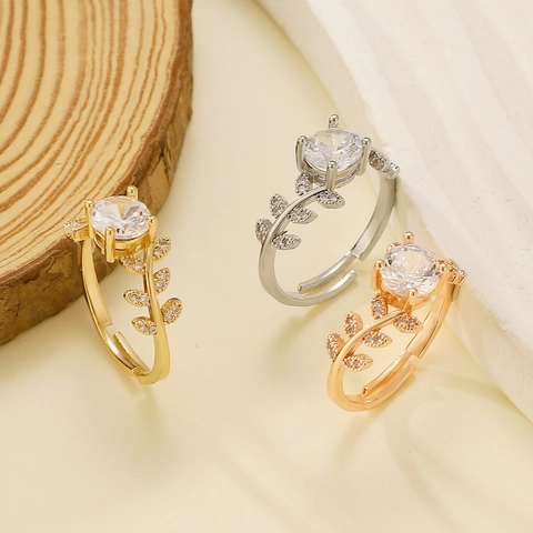 Elegant Leaf Vine Copper Ring For Women Adjustable Open Size With Cubic Zirconia For Engagement Party Jewelry Gift