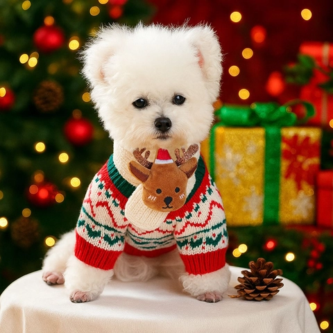 Christmas Pet Scarf Knit Polyester Red Green White Reindeer Santa Claus Decorative Neck Warmer For Dogs And Cats