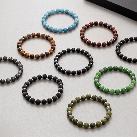 Natural Stone Beaded Bracelet With Stainless Steel Spacers Elastic Tiger Eye Agate Lava Stone Retro Unisex Handmade Jewelry