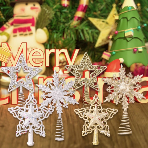 Glitter Christmas Tree Topper Star Snowflake Hollow Plastic Sparkling Tree Top Ornament For Holiday Party Decor