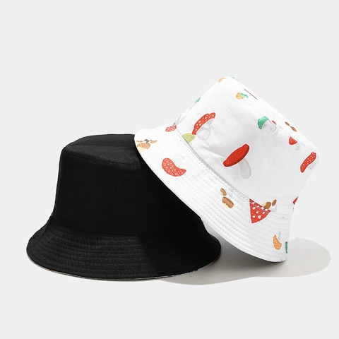 Reversible Bucket Hat Cotton Canvas Mushroom Print Wide Brim Sun Protection Outdoor Casual Unisex