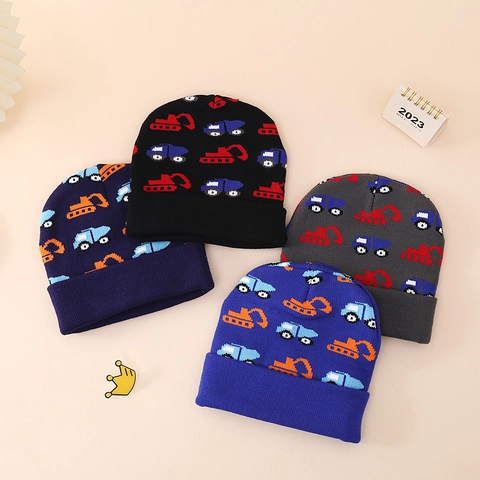 Peuter Baby Jongens Gebreide Beanie Muts Cartoon Graafmachine Bouwwagen Patroon Acryl Warm Winter Met Omslag