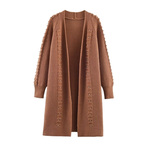 Women Long Knit Cardigan Polyester Rivet Rhinestone Decor Open Front Solid Color Elegant Casual Outwear