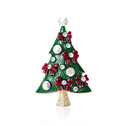 Christmas Tree Brooch Alloy Enamel Rhinestone Colorful Festive Holiday Bow Accessory Women
