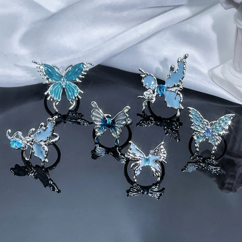Bague Ouverte Papillon Cuivre Émail Bleu Ajustable Irrégulier Métal Liquide Bijoux Esthétiques Pour Femmes
