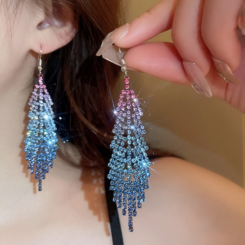 Long Tassel Earrings Rhinestone Alloy Feather Shape Gradient Color Party Fashion Jewelry For Women