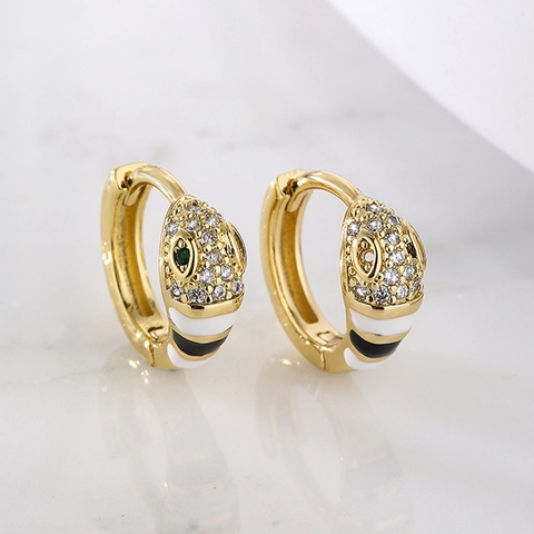 Snake Hoop Earrings Copper Gold Plated Colorful Enamel Stripe Cubic Zirconia Animal Design Bohemian Style For Women