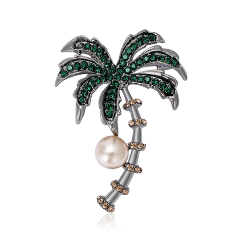 Fashion Women Coconut Palm Tree Brooch Pin Alloy Green Rhinestone White Artificial Pearl Scarf Clip Coat Decoration Accessory