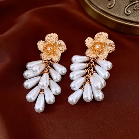 Pendientes Vintage De Flor Con Borla Aleación Zirconia Perla Artificial De Imitación Con Poste De Plata De Ley 925 Elegante Mujer