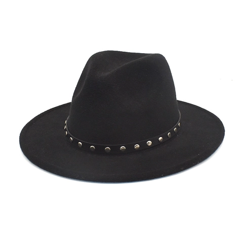 Fedora Hat Woolen Felt Wide Brim Rivet Belt Band Vintage Jazz Style Unisex Warm Elegant