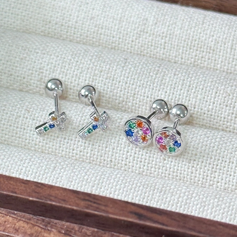 Orecchini a Bottone in Argento Sterling 925 Con Strass Arcobaleno Per Donna Minimalista Croce Tondo Chiusura a Vite Gioielli