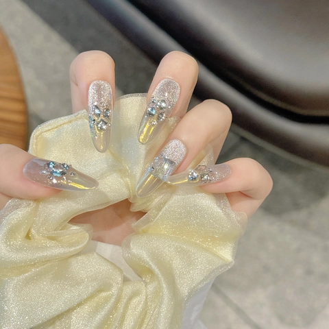 Handgemaakte Press-on Nagels Met Strass Parelaccenten Luxe Lang Ovaal Aurora Glitter Kunstnagels Voor Vrouwen Manicure