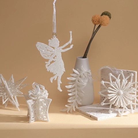 Addobbi Natalizi Appesi Champagne Glitter Plastica Fiocco Di Neve Angelo Stella Strumenti Musicali Per Albero Natale