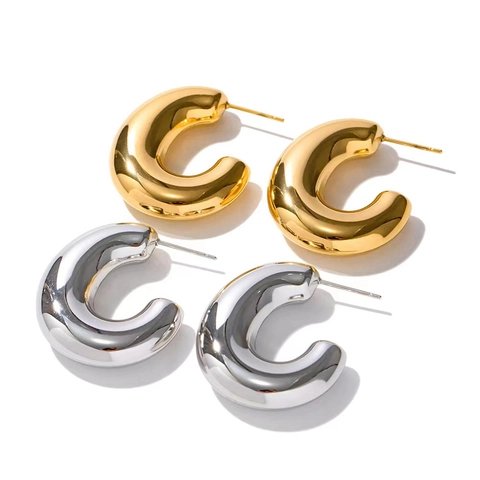 Orecchini A Cerchio Spessi A Forma Di C In Rame Placcato Oro 18K Geometrici Cavi Lucidi Da Donna