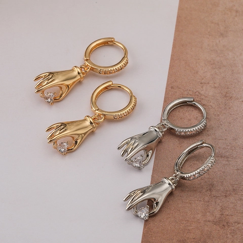 Hand Hanger Oorbellen Koper Verguld Zirkonia Hart Ronde Steen Retro Artistieke Sieraden Voor Vrouwen