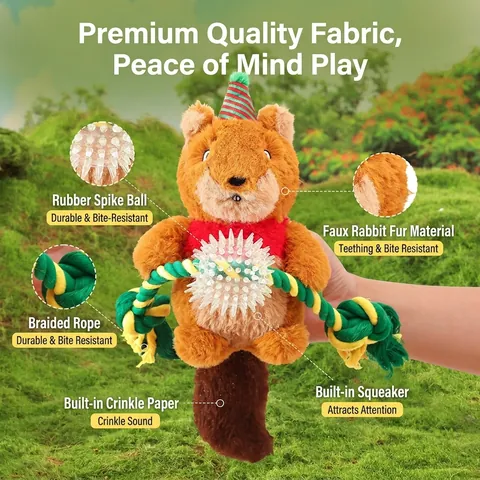 Christmas Plush Dog Squeaky Toy With Cotton Rope And TPR Spiky Ball For Teeth Cleaning Durable Interactive Chew Toy