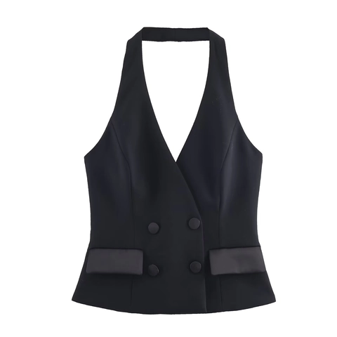Women Halter Neck Suit Vest Polyester Double Breasted Slim Fit Backless Waistcoat Top Solid Black Fashion Office Wear