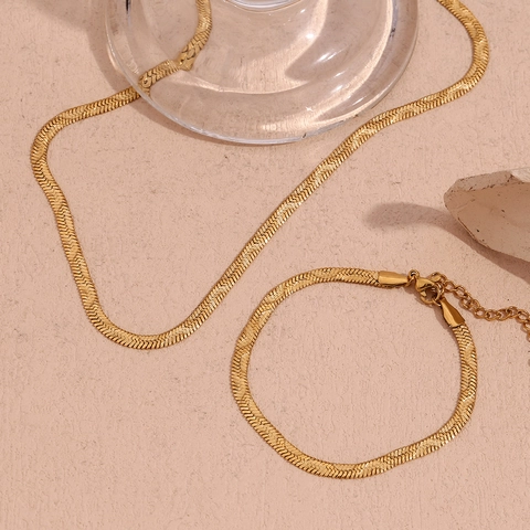 Herringbone Chain Necklace Bracelet 18K Gold Plated 316L Stainless Steel Flat Wave Embossed Minimalist Jewelry For Women