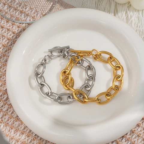Pulsera De Cadena De Acero Inoxidable Chapada En Oro 18K Minimalista Cierre De Barra Eslabones Gruesos Joyería Para Mujeres Hombres