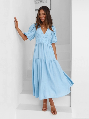 Women V Neck Bubble Sleeve Polyester Maxi Dress Solid Color High Waist Tiered Cake Skirt Vacation Elegant Summer