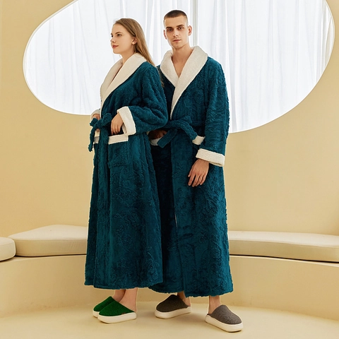 Long Plush Bathrobe Thickened Flannel Robe With Contrast Shawl Collar Floral Jacquard Nightwear For Couple Men Women