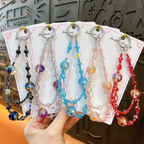 Acrylic Starry Sky Gold Foil Beaded Phone Chain Double Layer Gradient Crystal Phone Strap Keychain Bag Charm Accessories For Women