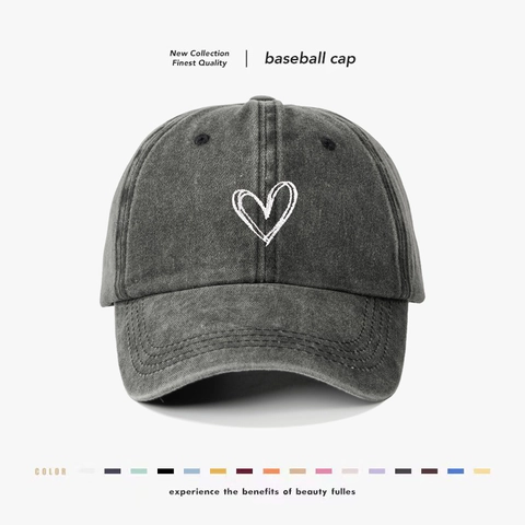 Washed Cotton Baseball Cap Retro Distressed Heart Stickerei Sonnenschutz Atmungsaktiver Outdoor Sport Hut Damen Herren