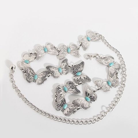 Waist Chain Belt Butterfly Daisy Flower Metal Link Adjustable Turquoise Bohemian Style For Women Dress Decor