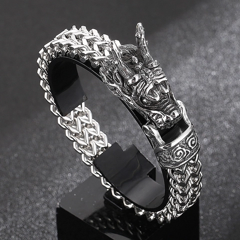 Pulsera De Cabeza De Dragón De Acero Inoxidable Para Hombres Punk Gótico Cadena Trenzada Joyería Negro Plata Oro