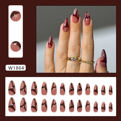 Press On Nägel Rosa Braun Abstraktes Muster Mandelform Feiner Glitzer ABS Kunststoff Mode Für Frauen
