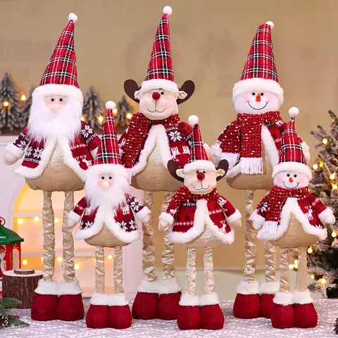 Ornement De Poupée En Peluche De Noël Jambes Télescopiques Carreaux Rouges Père Noël Bonhomme De Neige Renne Décoration