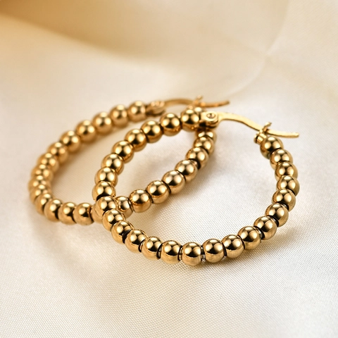 Orecchini A Cerchio Con Perline Placcati Oro 14K Donna 304 Acciaio Inossidabile Forma C Perno In Acciaio Inossidabile