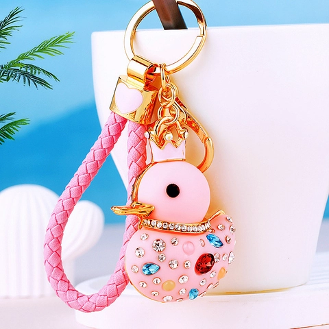 Cute Duck Keychain Rhinestone Crown Animal Bag Pendant Braided Rope Alloy Handbag Decoration Gift