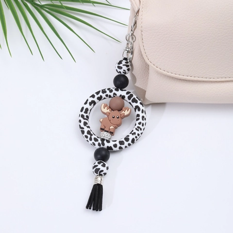 Silikonperlen Schlüsselanhänger Armband Für Damen Herren Handgefertigt Leopard Kuh Druck Quaste Schlüsselanhänger Cartoon Hochlandrind Stierkopf Anhänger Auto Dekoration