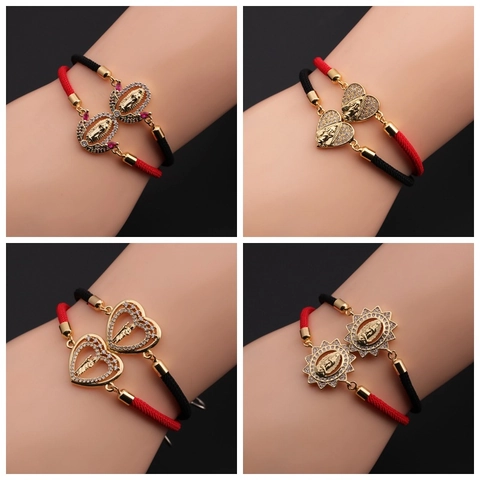 Bracelet Pendentif Vierge Marie Guadalupe Cuivre Plaqué Or Cœur Corde Tissée Ajustable Bijoux Religieux Pour Femmes